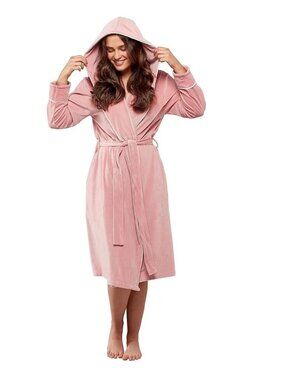 WYSTERIA LANE Pale PINK Velour velvet Oversized Hood Hooded belted Bathrobe